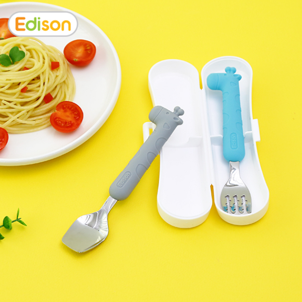 Edison Silicone Spoon & Fork Case Set- Giraffe (Blue/Grey)